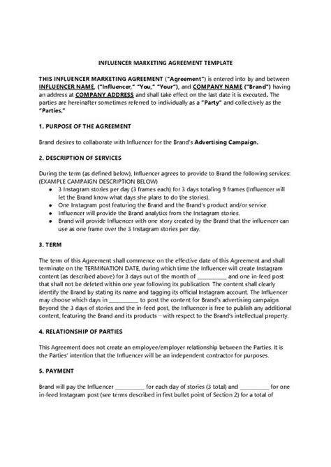 Agreement Contract Sample Model Of Influencer Agreement Contract