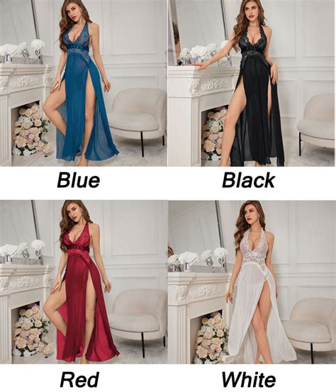 Sexy Slit Backless Night Dress Sheer Gown Bathrobes See Through Lingerie Long Nightgown Womens