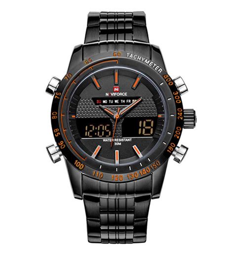 Naviforce Nf Black Orange Stainless Steel Dual Time Wrist Watch