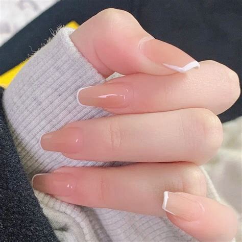 Pcs Glossy White Edge French Press On False Nails Mid Long Coffin Ballerina Shape Uv Gel Nude