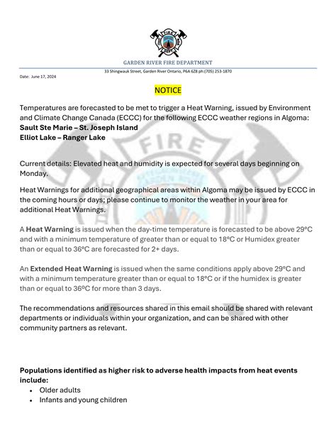 HEAT WARNING FROM GRFN Fire Dept. - Garden River First Nation