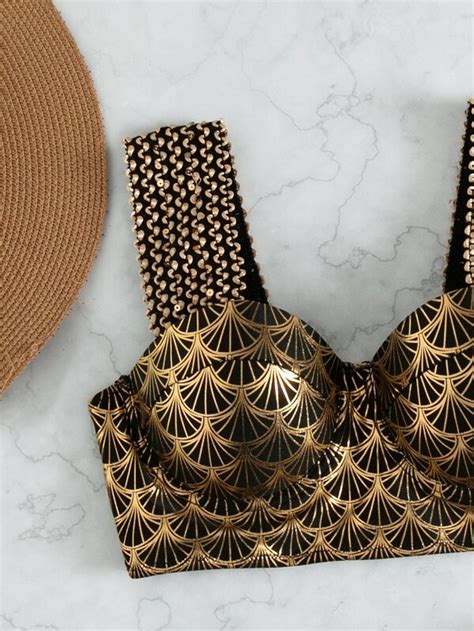 SHEIN Swim SXY Conjunto De Bikini Metalizado Detalle De Puntada Sujetador Push Up Y Parte