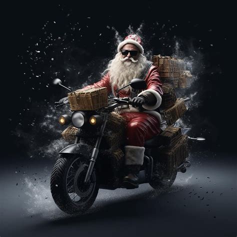 Premium AI Image | Santa Claus with a bag of gifts on a motorbike