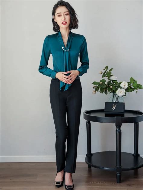 Ladies Green Blouses Women Business Suits With 2 Piece Pant And Top Sets Fashion Shirts Long