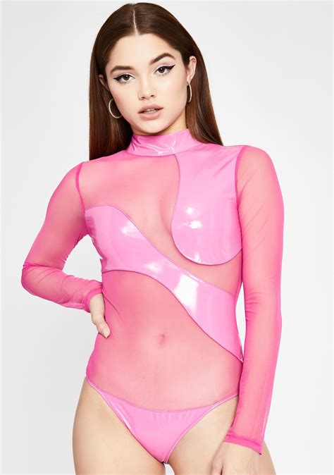 Vinyl Mesh Bodysuit Sheer Long Sleeve Bubblegum Hot Pink Dolls Kill