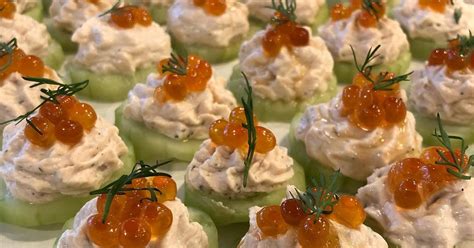 What Was For Dinner?: Salmon Mousse on Cucumber Slices topped with Salmon Roe and Dill