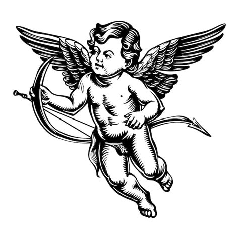 Vintage Black And White Vector Illustration Of Cupid With Bow And Arrow