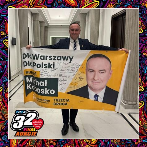 Baner kampanijny z autografem między innymi Marszałka Szymona Hołowni