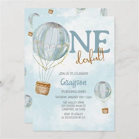 Hot Air Balloon Blue St Birthday Invitation