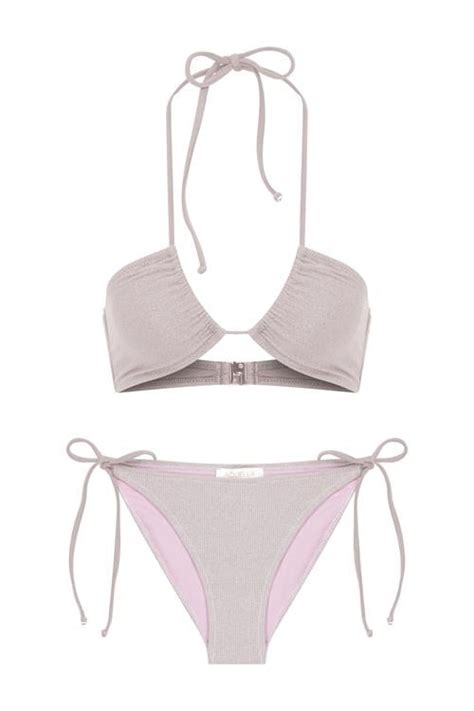 Halter Yaka Parlak Simli Lila Bikini Takım