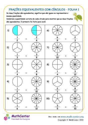 Frações Equivalentes Com Círculos Folha 1 Planilhas Math Center