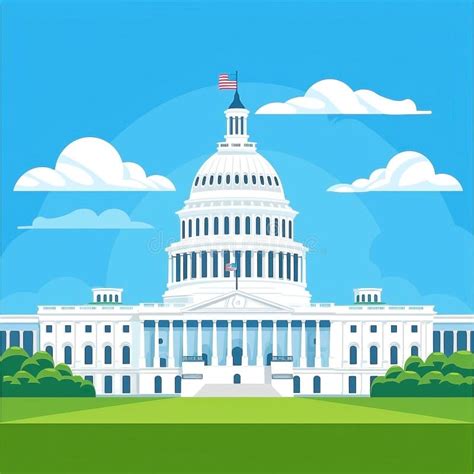 Cartoon Flat Vector Illustration Of Us Capitol Building With Simple