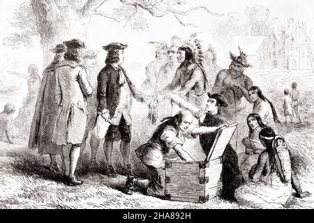 William Penn treaty with Native Americans in Pennsylvania 1680s. Hand ...