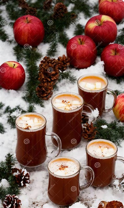 A Cup Of Christmas Hot Apple Cider With A Snowy Forest In The