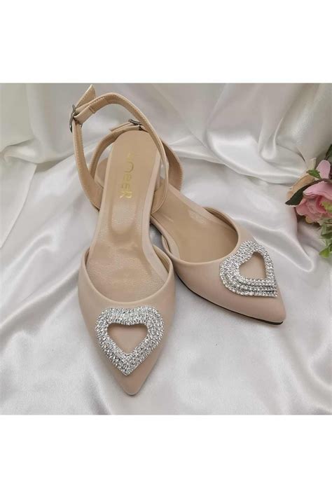 LİNEER Kadın Nude Ten Rengi Kalp Taşlı Cm Topuklu Abiye Babet Gelin