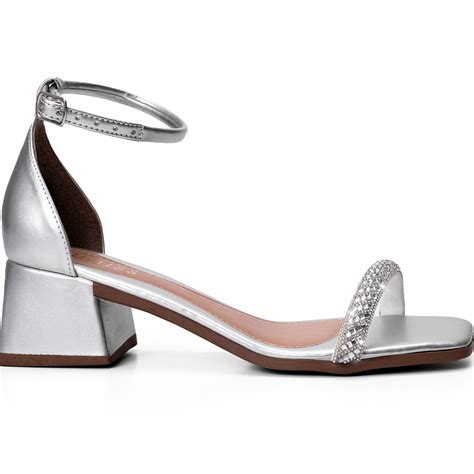 Sandalias Prateadas Salto Baixo - Sandália Feminina Salto Baixo Bloco Strass Brilho Fivela - SG2 Prata ...