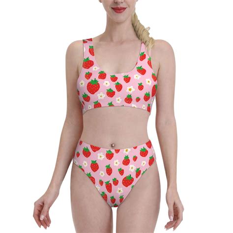 Logiee Hand Drawn Strawberry Print Women S 2 Piece Bikini Set Halter Bathing Suit High Waisted
