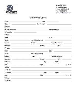 fillable  motorcycle quote request form fax email print pdffiller