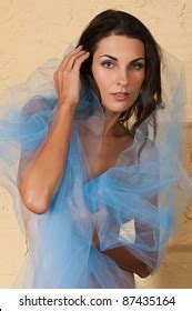 Beautiful Czech Brunette Nude Wrapped Blue ภาพสตอก Shutterstock