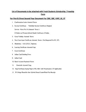 Fillable Online List Of Documents To Be Attached With Fresh Students
