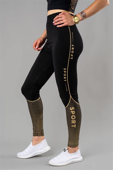 sport cierne damske leginy  zlatou potlacou elasticke bezsvove