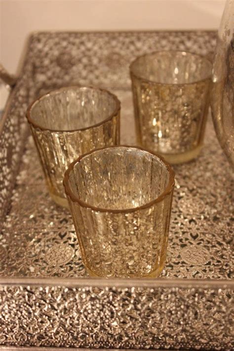 Set Of 30 Mercury Glass Gold Ribbed Speckled Glass Candle Holders