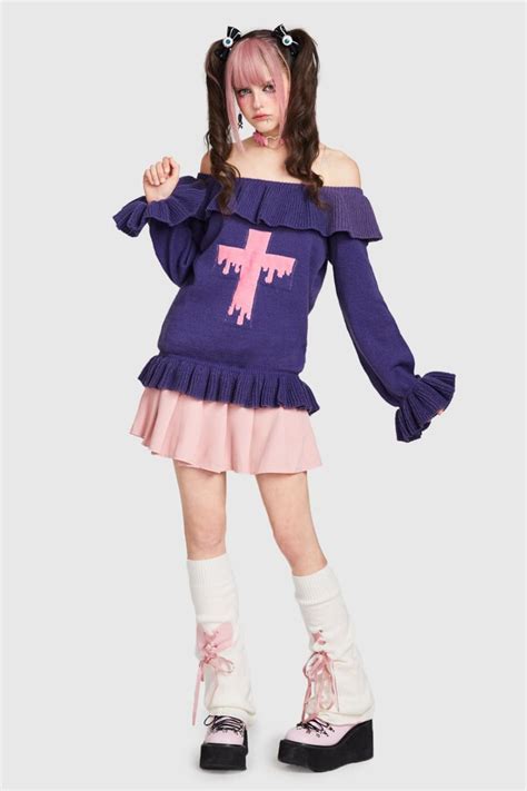 Is That The New Kawaii Cross Pattern Off Shoulder Ruffle Trim Sweater