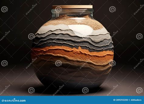 Glass Jar Filled With Sand Gravel And Charcoal Layers Stock Photo