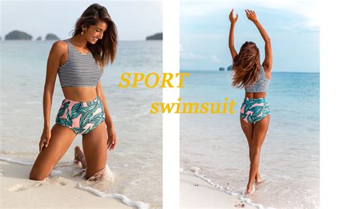 Amazon Women Athletic Two Piece Swimsuits Sports High Waisted Bathing Suit Crop Tops Bikini