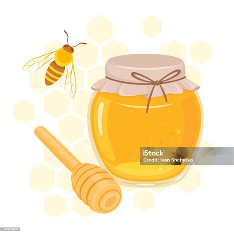 madu  toples kaca  gayung madu  lebah ilustrasi datar