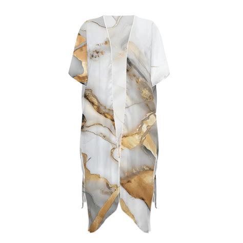 Xoenoiee White Golden Marble Print Kimonos For Women Swimsuit Coverup