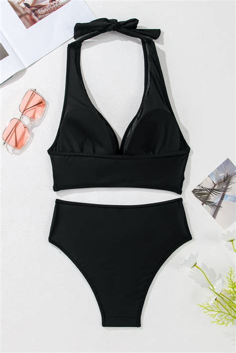 Black Sheer Mesh Edged Halter V Neck Push Up Bikini Wholesale