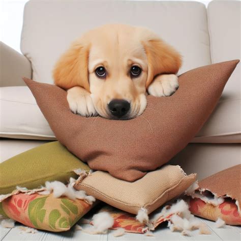 Premium Photo Bored Young Dog Destroying Cushions On Sofa Isolated On