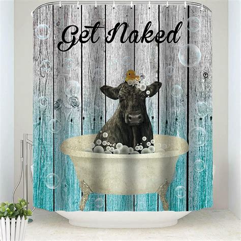 Funny Cow Get Naked Shower Curtain For Bathroom Decor Rustic Wood Panels Background Shower
