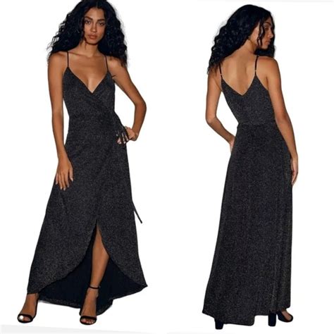 Lulu S Celestial Black Glittery Side Slits Wrap Cocktail Prom Maxi Dress Small Ebay