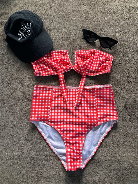 Red Checkered Bikini Women S Fashion Swimwear Bikinis Swimsuits On Carousell