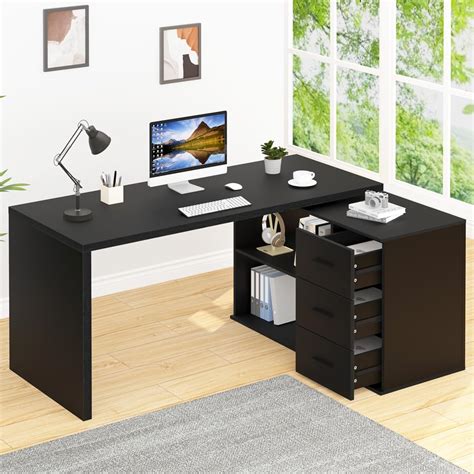 HSH Black L Shaped Desk with Drawers Shelves, 360 Rotating Home Office ...