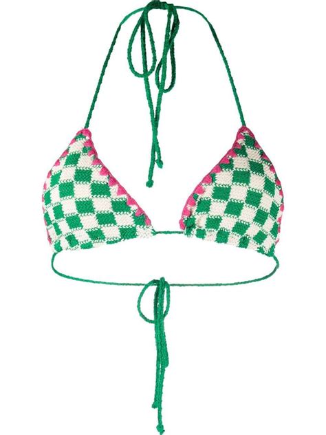 MC SAINT BARTH Leah Check Print Knit Bikini Top White Editorialist