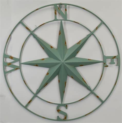 36 Round Distressed Blue Compass Rose Coastal Metal Wall Art Plaque
