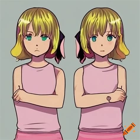 Anime Girl With Blonde Hair And Green Eyes In A Light Pink Sleeveless T Shirt On Craiyon