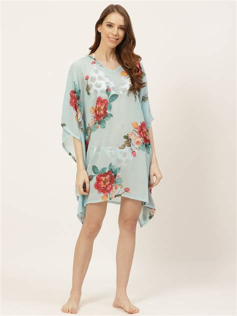 Buy Clt S Women Blue Pink Floral Print Beach Kaftan Cover Up Dress