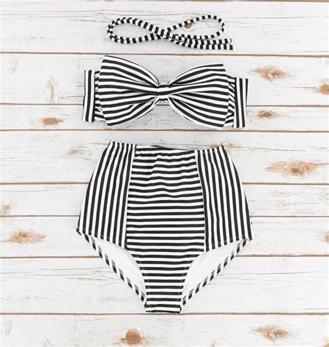 Bikini Stripe Bandeau Vintage Style High Waist Retro Pinup Etsy