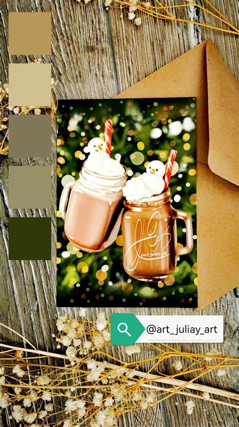 Цветовая палитра оттенки зелёного на новогодней открытке