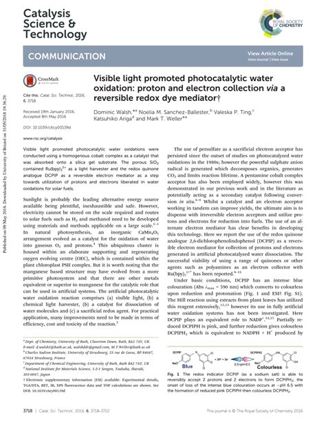 PDF Visible Light Promoted Photocatalytic Water Oxidation Proton And