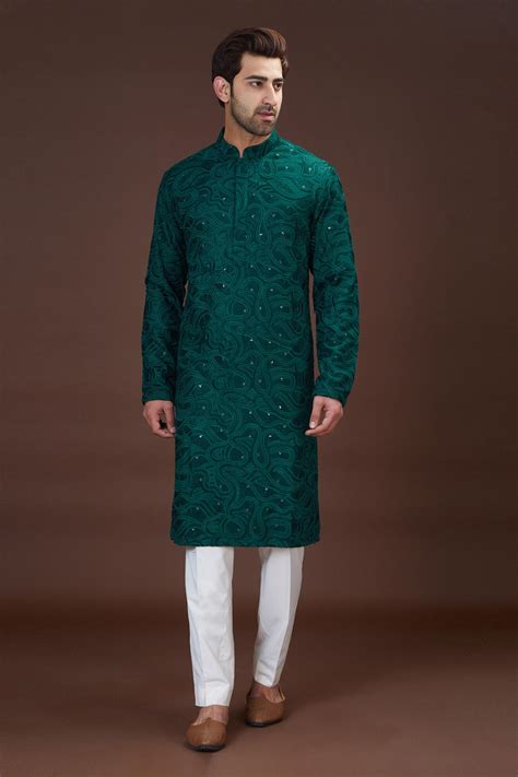 buy green georgette embroidered thread kurta  men  kasbah