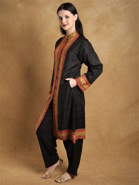 Moonless Night Pure Silk Long Jacket From Kashmir With Hand Aari