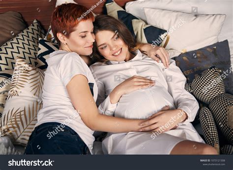 Happy Lesbian Couple Expecting Baby Two Stock Photo Edit Now