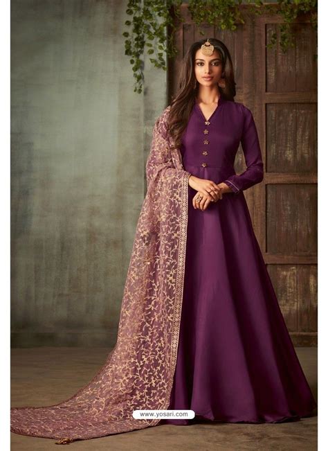 Purple Designer Heavy Embroidered Silk Anarkali Suit Silk Anarkali