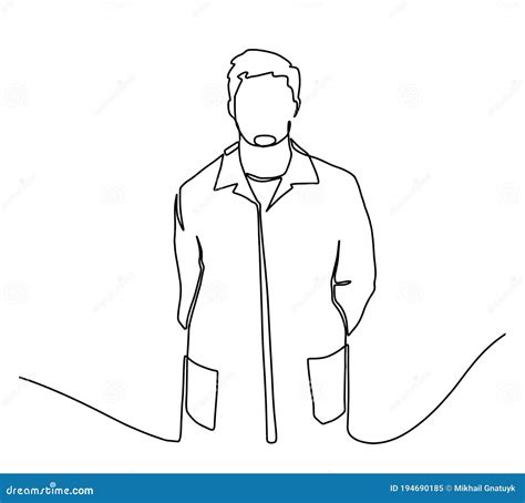 Single Continuous Line Drawing Of Young Happy Male Doctor Pose Standing