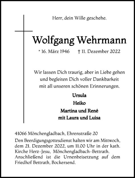 Traueranzeigen Von Wolfgang Wehrmann Trauer Und Gedenken